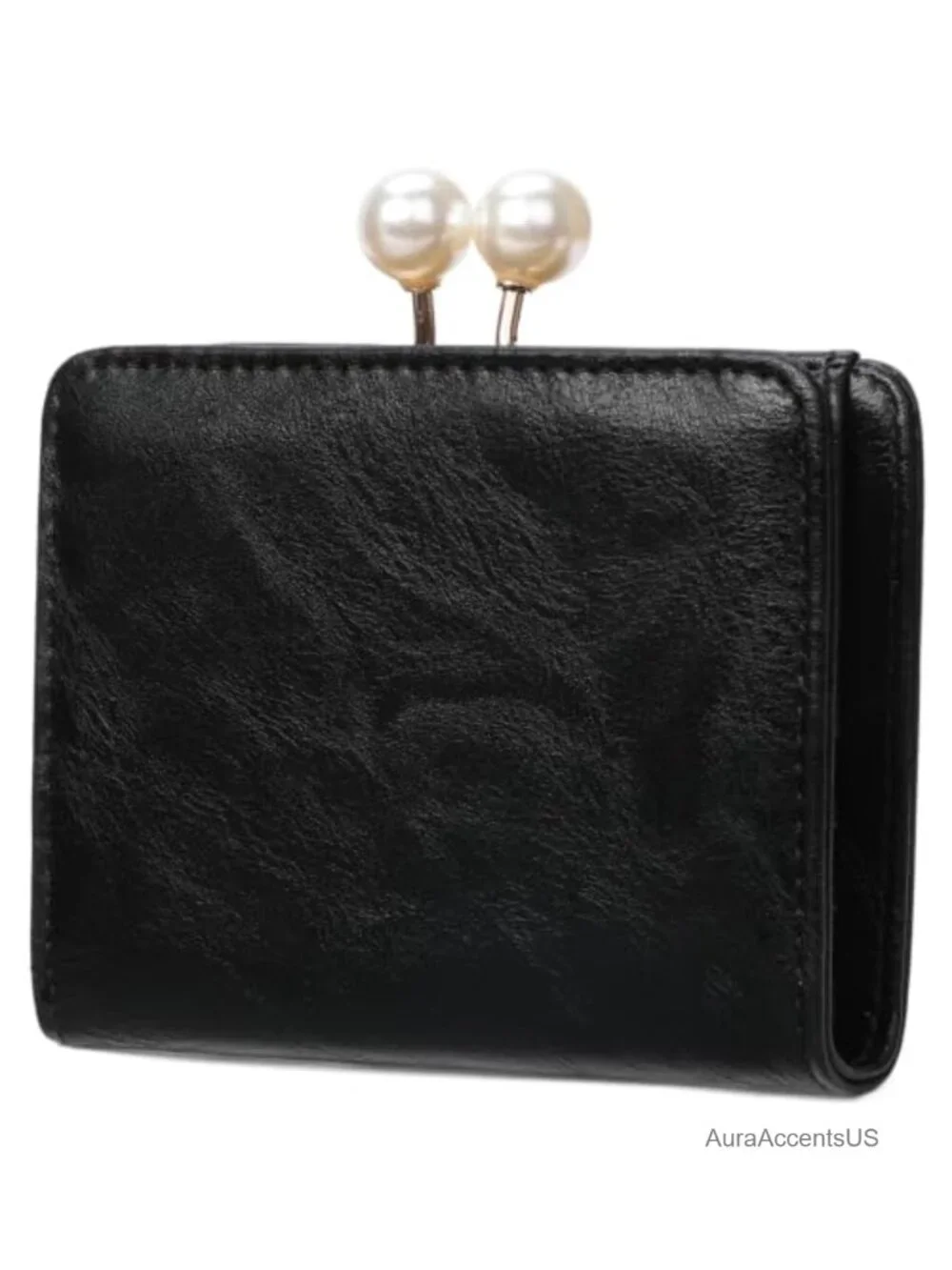 Vintage Vegan Leather Trifold Wallet with Kiss Lock for Women - 8 Card Slots